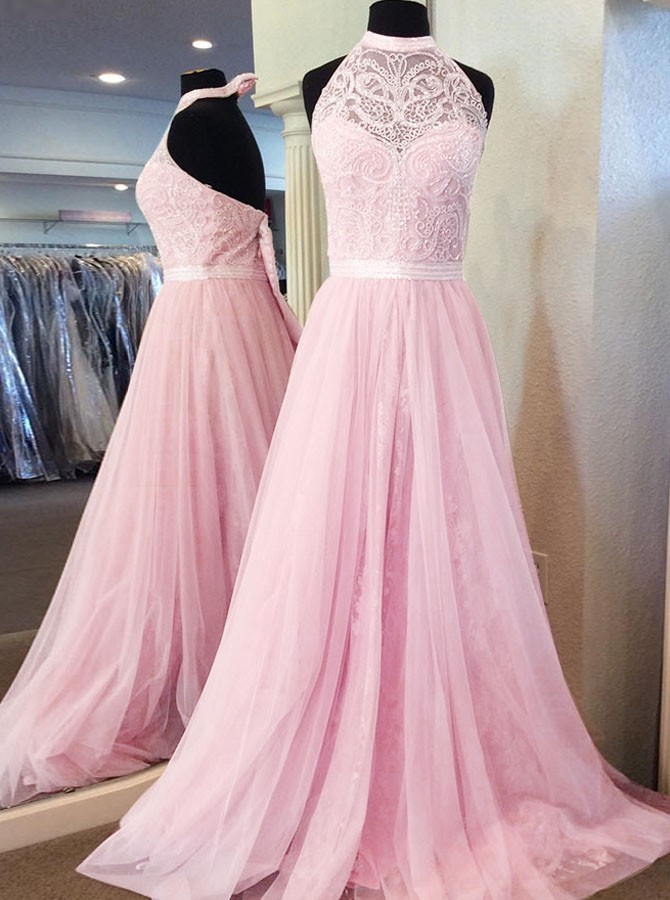 Popular Pink Lace High Neck A-line Sleeveless Prom Dress