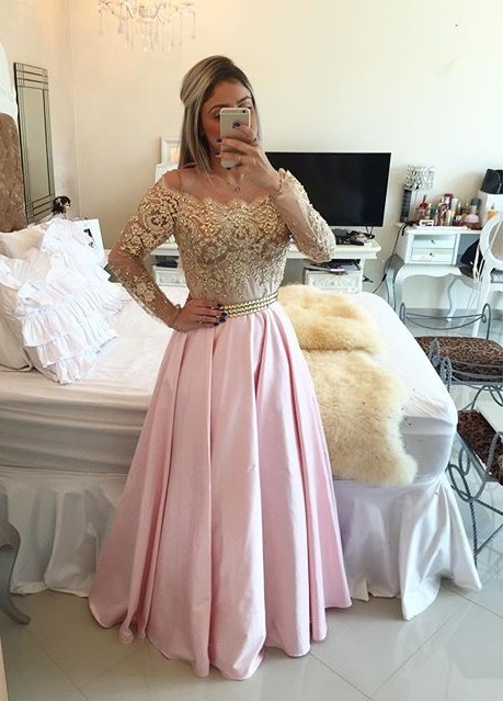 Gold Pink Prom Dresses Long Sleeves Crystals Beaded Off the Shoulder Illusion Lace Evening Gowns Bar0020