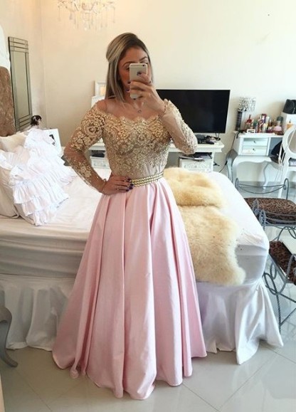 Gold Pink Prom Dresses Long Sleeves Crystals Beaded Off the Shoulder Illusion Lace Evening Gowns Bar0020