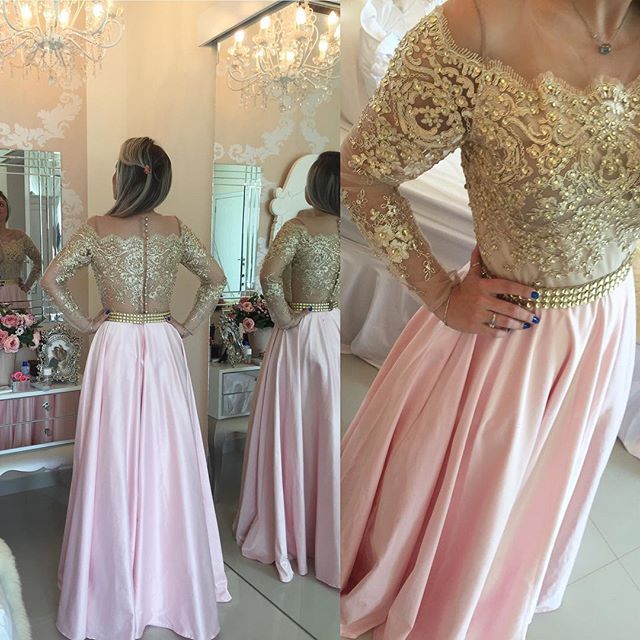 Gold Pink Prom Dresses Long Sleeves Crystals Beaded Off the Shoulder Illusion Lace Evening Gowns Bar0020
