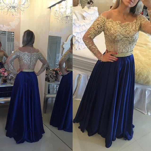 Gold Pink Prom Dresses Long Sleeves Crystals Beaded Off the Shoulder Illusion Lace Evening Gowns Bar0020-newarrivaldress