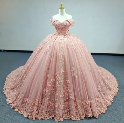 Off-the-Shoulder Pink Ball Gown with Floral Appliqued Long Quinceanera Dress