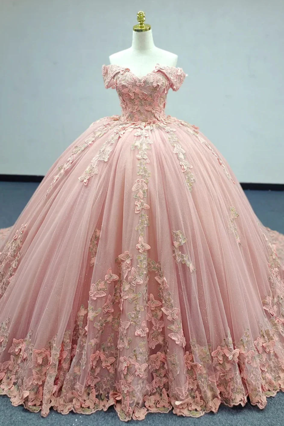 Off-the-Shoulder Pink Ball Gown with Floral Appliqued Long Quinceanera Dress