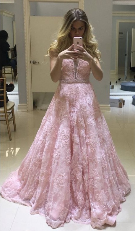 Pink V-neck Long Lace Sheer Fashion A-line Evening Dresses