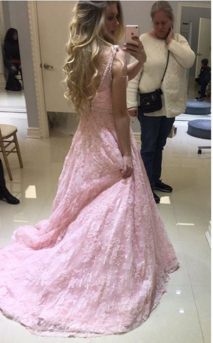 Pink V-neck Long Lace Sheer Fashion A-line Evening Dresses