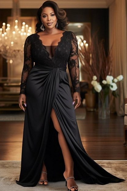 Plus Size Black Prom Dress Long Sleeves Lace V-Neck Evening Guest Dress