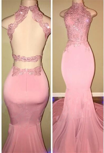 Gorgeous High Neck Pink Lace Prom Dress Mermaid Long BA7748 