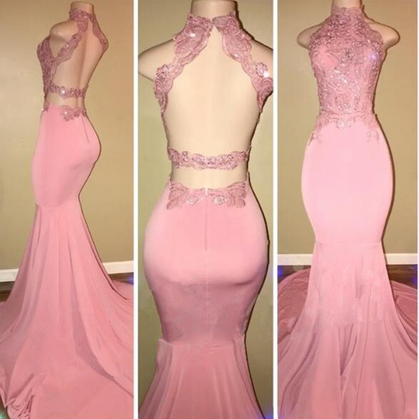 Gorgeous High Neck Pink Lace Prom Dress Mermaid Long BA7748
