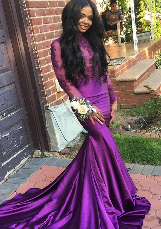 Purple Long-Sleeve Mermaid Lace Prom Dress |  Prom Dress