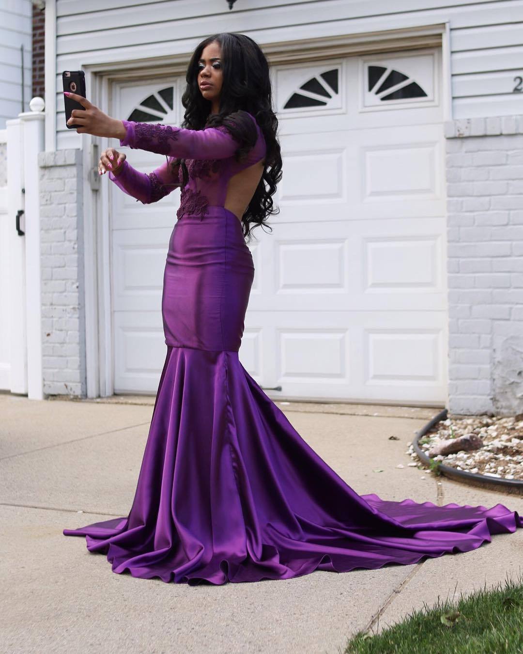 Purple Long-Sleeve Mermaid Lace Prom Dress | Prom Dress