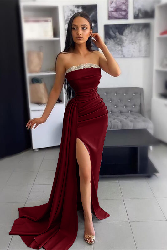 Strapless Sequin Beadings Satin Ruched Floor-Length Mermaid Prom Dress with Split