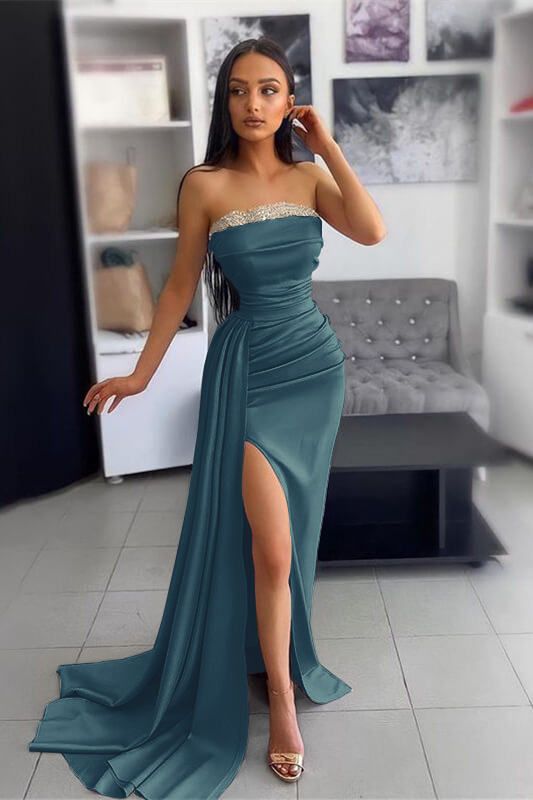 Strapless Sequin Beadings Satin Ruched Floor-Length Mermaid Prom Dress with Split