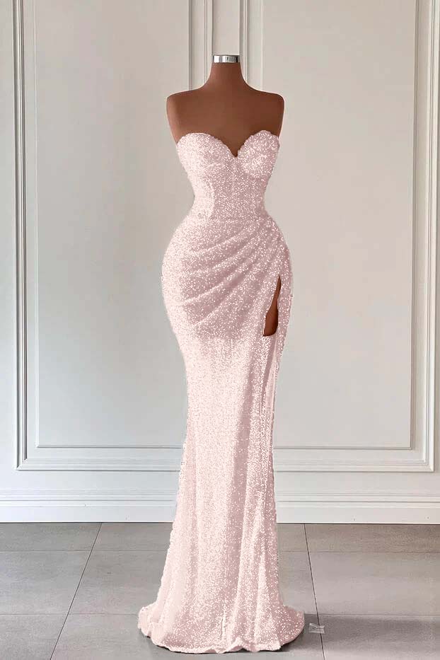 Sweetheart Sleeveless Sequins Corset Ruched Mermaid Evening Gowns with Split