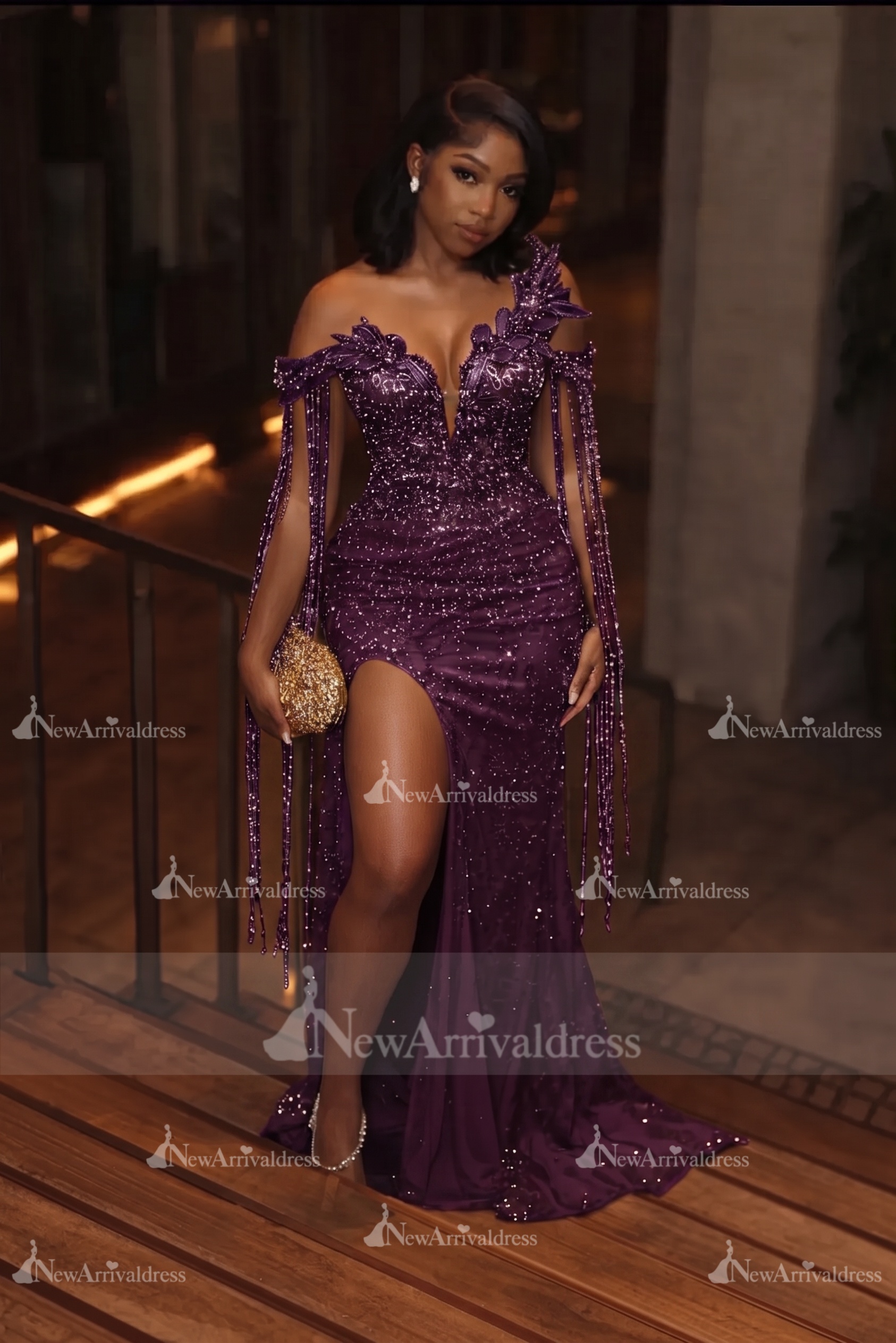 Asymmetric  Sequins Prom Dress Sleeveless Mermaid Gold Evening Gown with Tassels