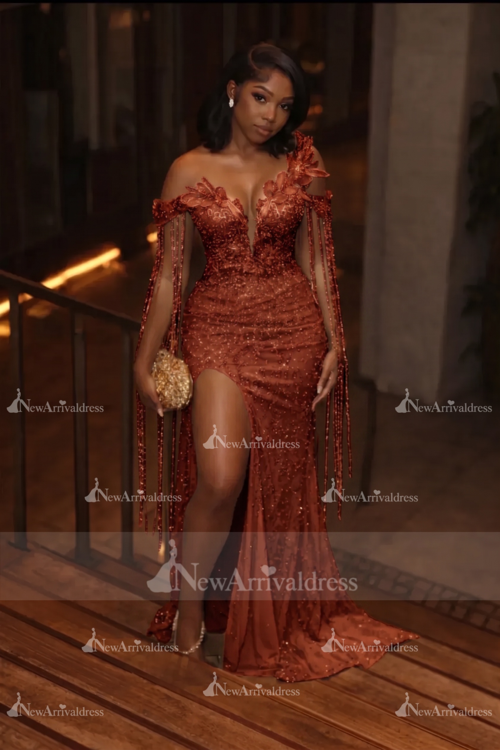 Asymmetric  Sequins Prom Dress Sleeveless Mermaid Gold Evening Gown with Tassels