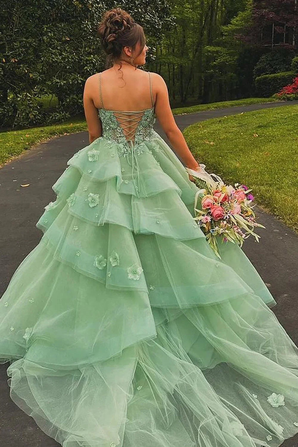 Spaghetti Straps Tulle Aline Prom Dress Floral Tiered Ruffles Corset Formal Dress