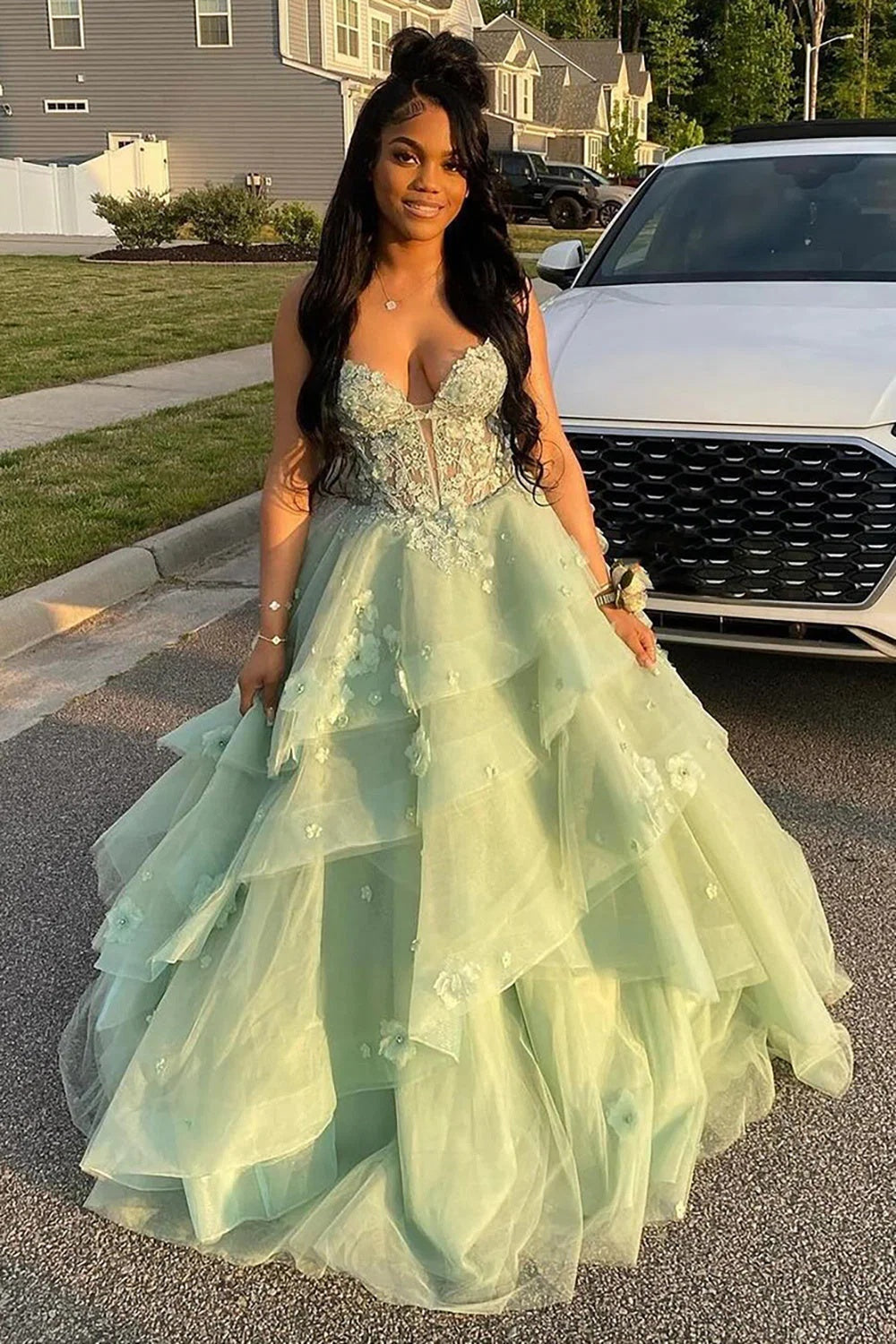 Spaghetti Straps Tulle Aline Prom Dress Floral Tiered Ruffles Corset Formal Dress