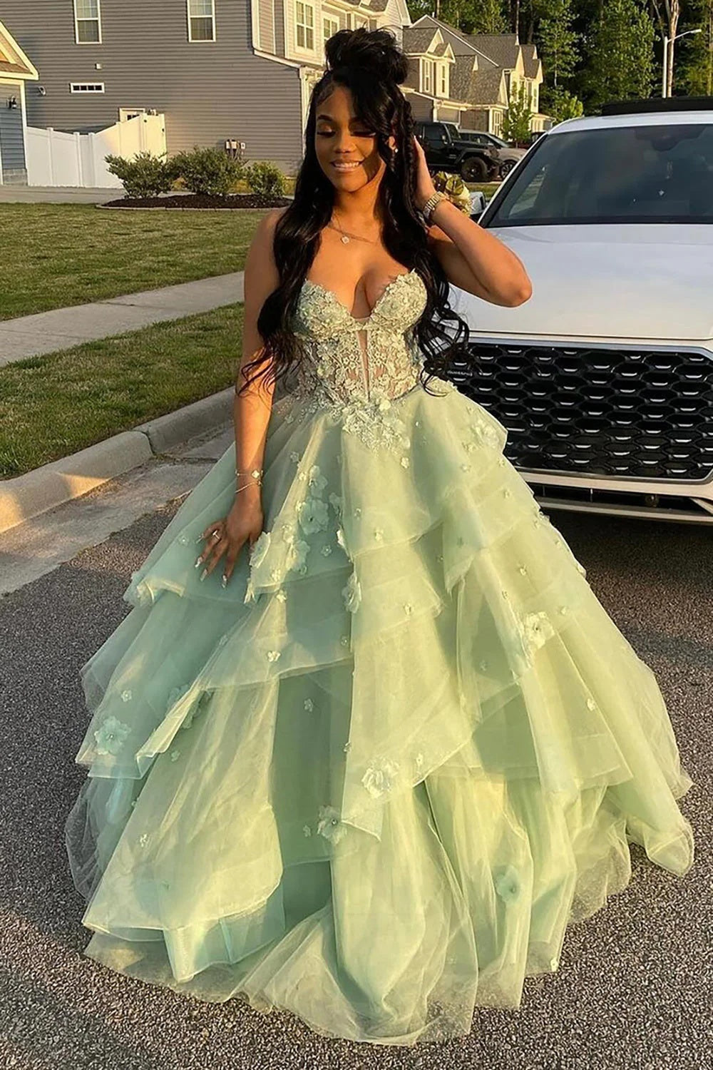Spaghetti Straps Tulle A-Line Prom Dress Floral Ruffles -newarrivaldress