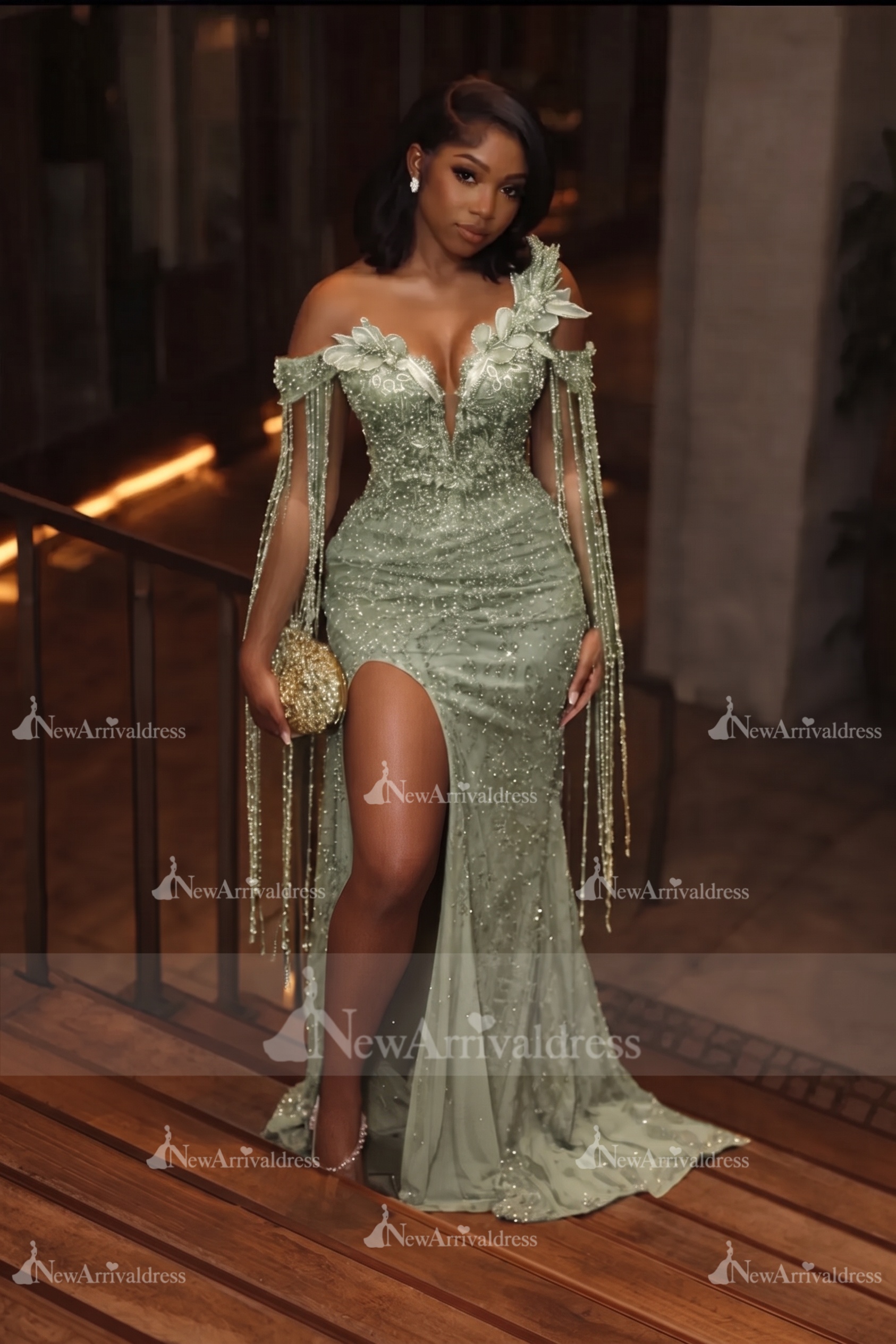 Asymmetric  Sequins Prom Dress Sleeveless Mermaid Gold Evening Gown with Tassels