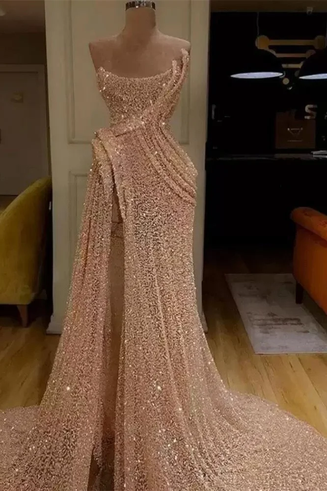 Strapless Sleeveless Sequins Ruched Mermaid Evening Gowns with High Split