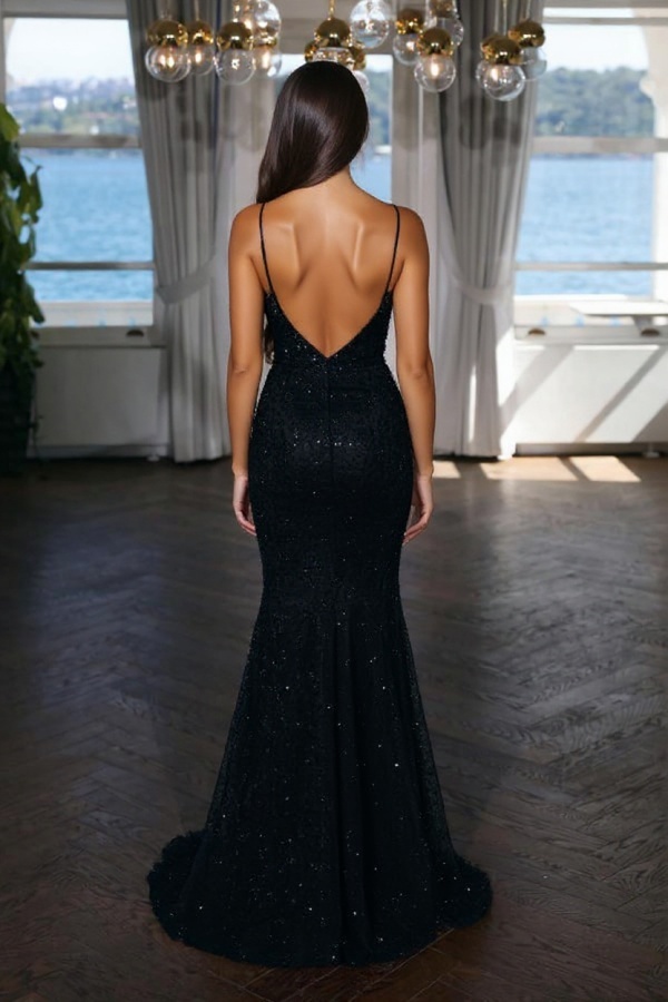 Sexy Deep V-Neck Shiny Sequins Long Prom Dress Black Side Split Party Dress with Spaghetti Straps-newarrivaldress