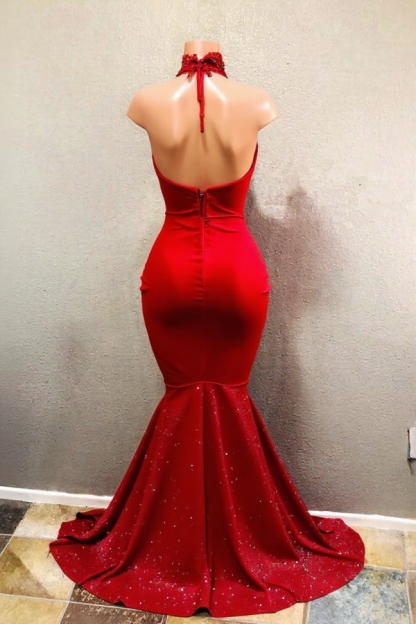 Sexy Red High Neck Mermaid Prom Dress Long Prom DressBA8154