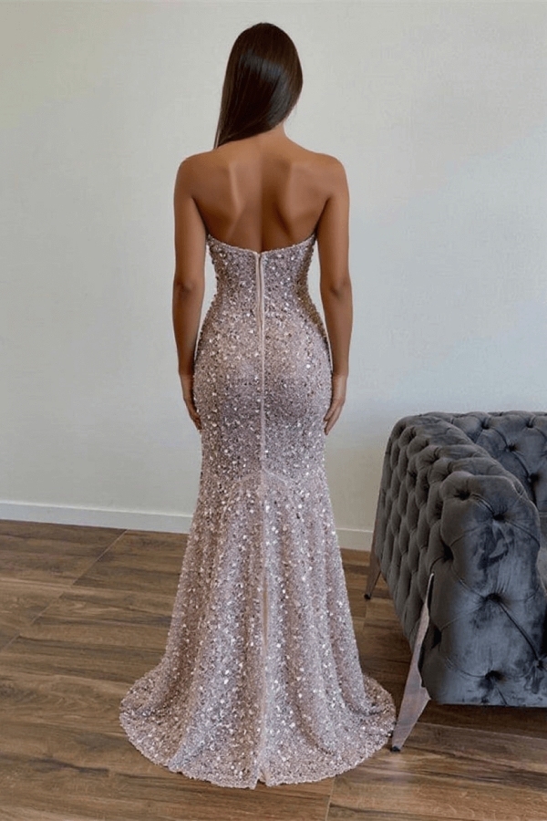 Sexy Strapless Sequins Shinny Long Prom Dress High Split