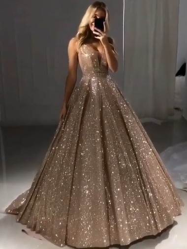 Shiny Gold Ball Gown Evening Dresses | Sexy V-Neck Sequin Prom Dresses