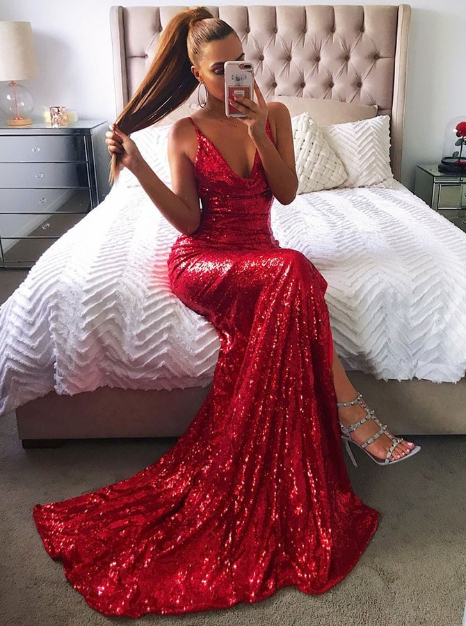 Sexy red sequins prom dress, mermaid evening party gowns BA8159