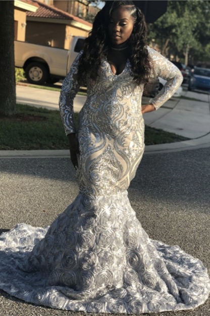 Silver Sequins Prom Dress | Long Sleeve Evening Gowns With Flowers Bottom BK0 BA9148