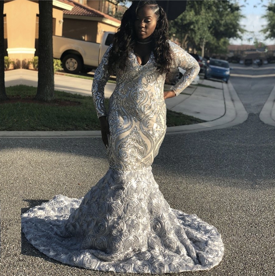 Silver Sequins Prom Dress | Long Sleeve Evening Gowns With Flowers Bottom BK0 BA9148