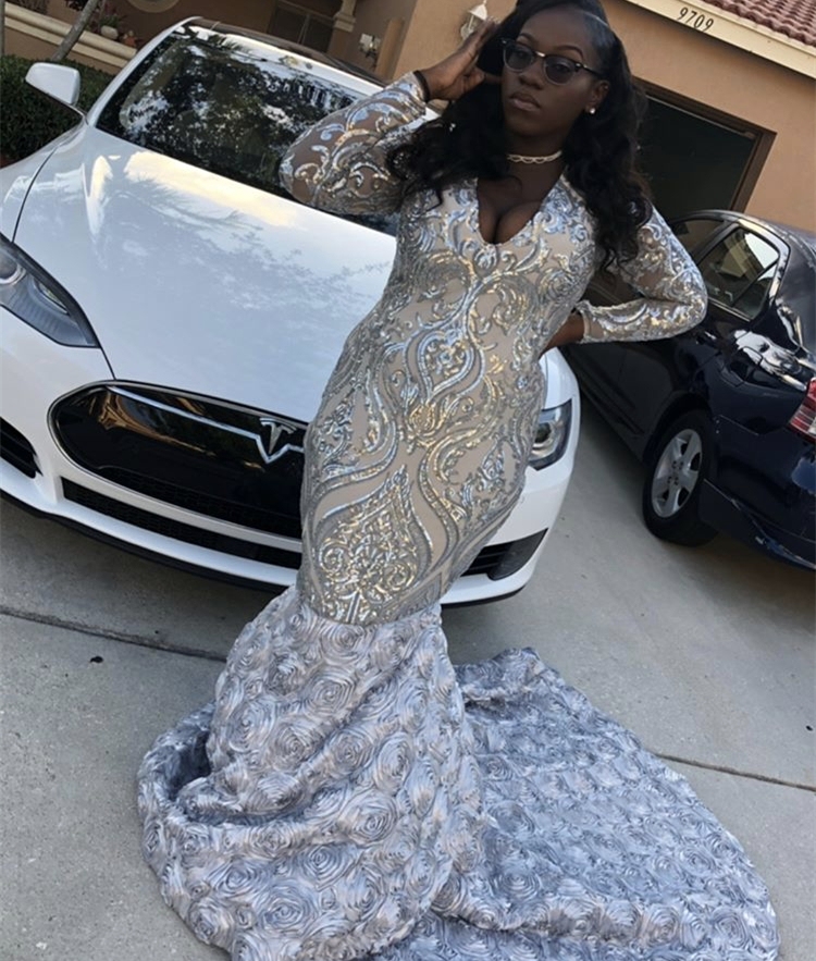 Silver Sequins Prom Dress | Long Sleeve Evening Gowns With Flowers Bottom BK0 BA9148