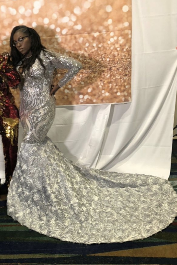 Silver Sequins Prom Dress | Long Sleeve Evening Gowns With Flowers Bottom BK0 BA9148
