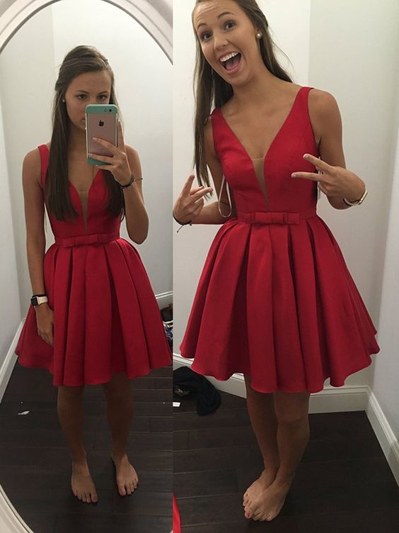 Sash Simple Bowknot V-neck Sleeveless Short Red Straps Homecoming Dress