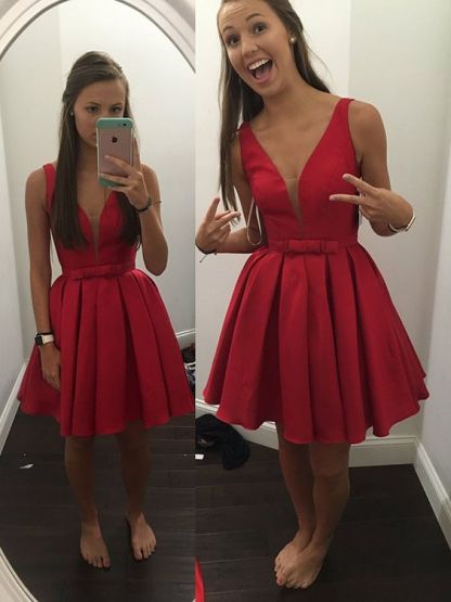 Sash Simple Bowknot V-neck Sleeveless Short Red Straps Homecoming Dress