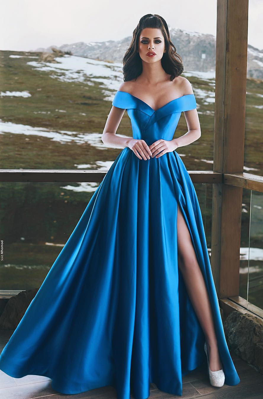 Simple Off-the-shoulder Front Split Prom Dress | Modern Prom Dress