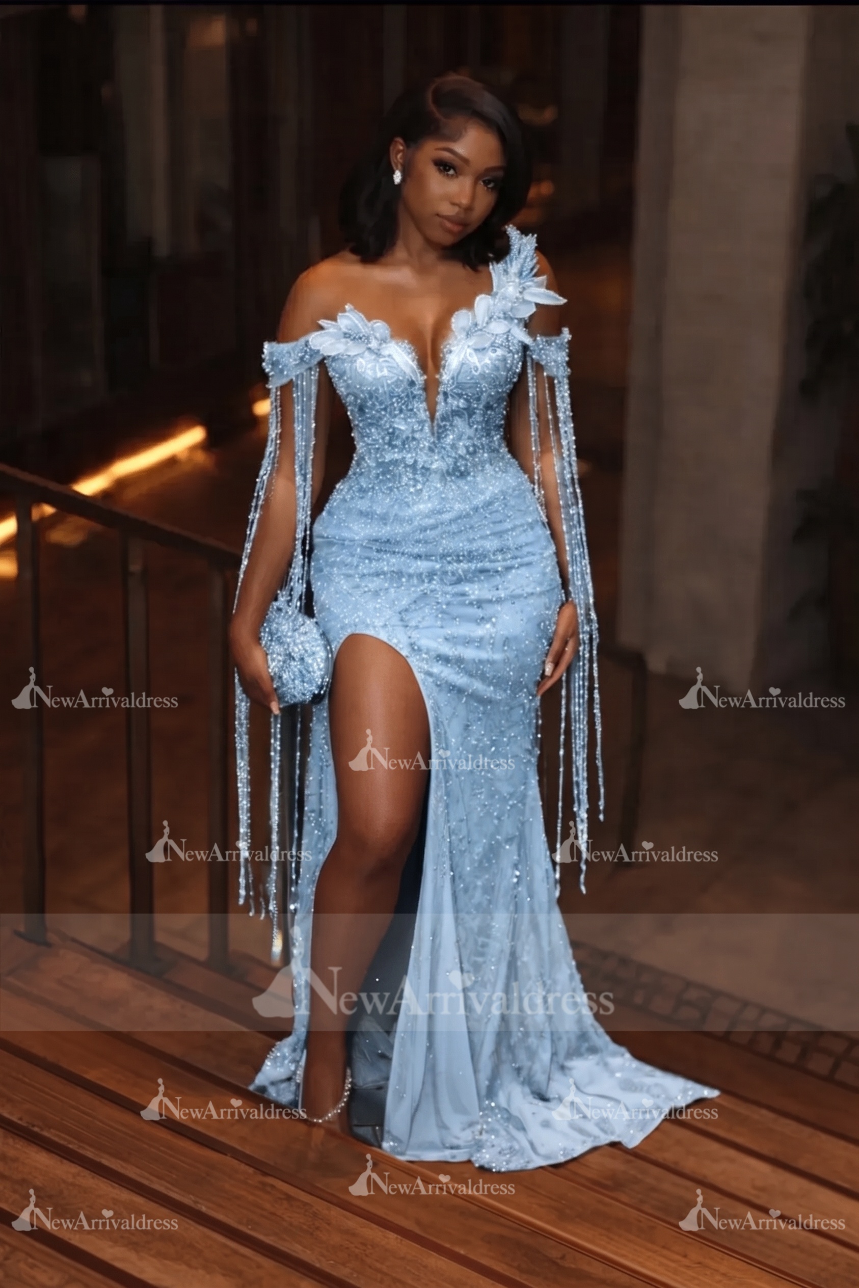 Asymmetric  Sequins Prom Dress Sleeveless Mermaid Gold Evening Gown with Tassels