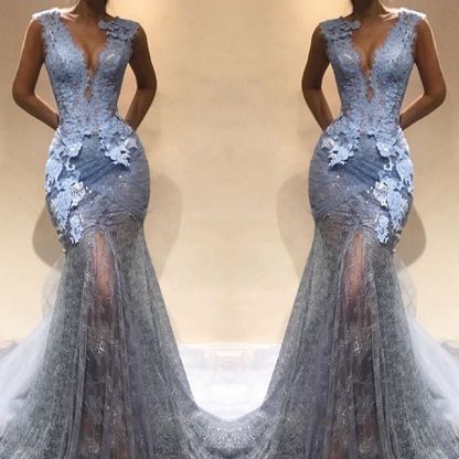 Modest Straps Lace Sheer Mermaid Evening Dress |Sleeveless Evening Gown BA9567