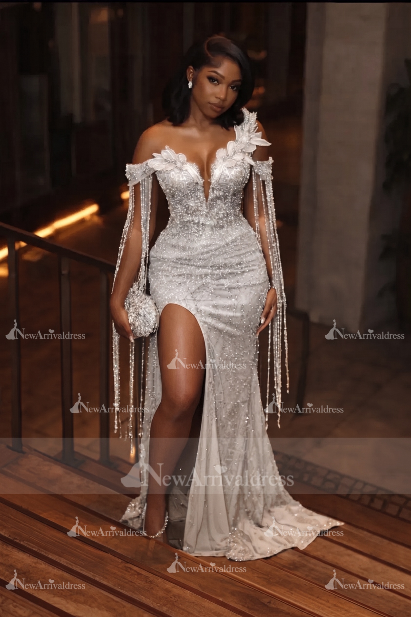 Asymmetric  Sequins Prom Dress Sleeveless Mermaid Gold Evening Gown with Tassels