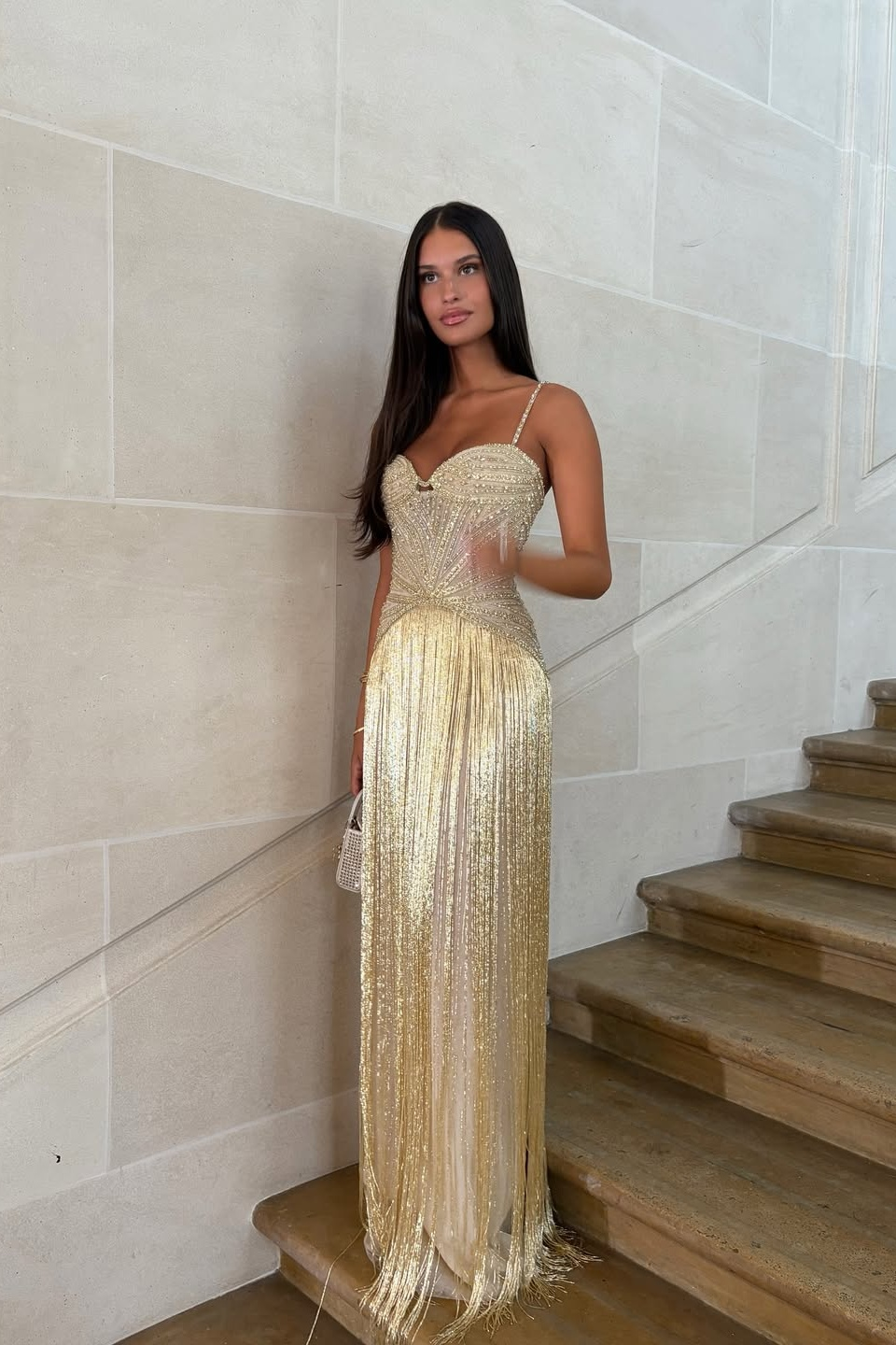 Spaghetti Straps Sleeveless Beaded Tassel Floor-Length Evening Dress