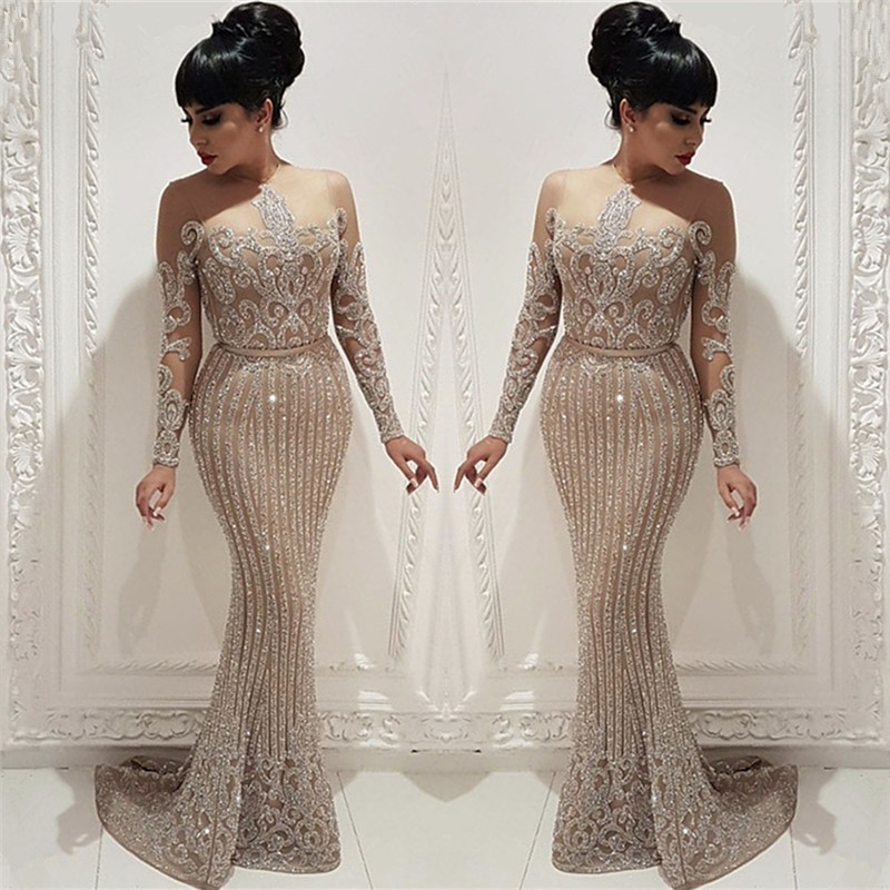 Sparkly Beads Sequins Long Formal Dresses | Mermaid Long Sleeve Nude Lining Prom Dresses BC0635