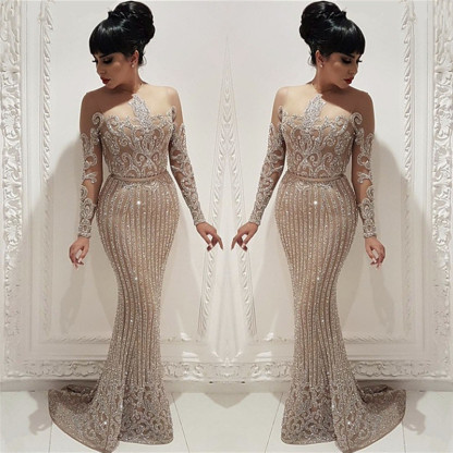  Sparkly Beads Sequins Long Formal Dresses | Mermaid Long Sleeve Nude Lining Prom Dresses BC0635