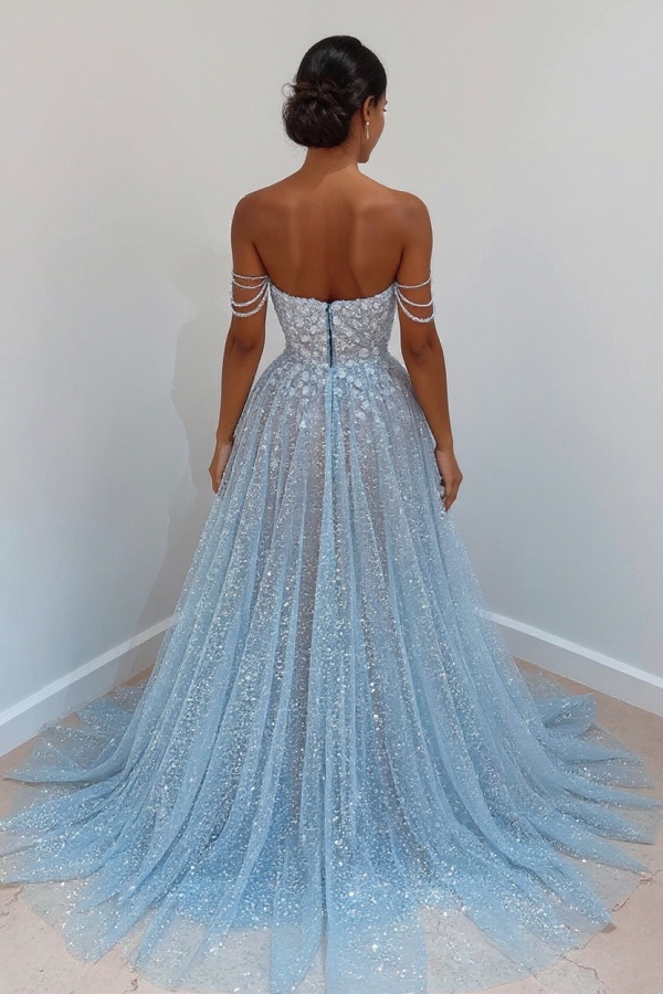 Beautiful Long A-line Sweetheart Sequined Prom Dress Off Shoulder Sky Blue Long Evening Dress-newarrivaldress