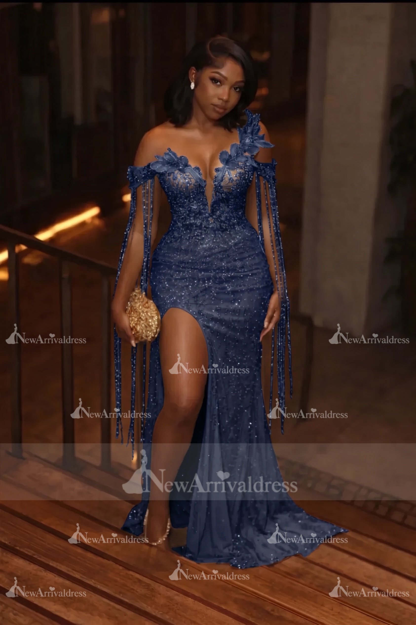 Asymmetric  Sequins Prom Dress Sleeveless Mermaid Gold Evening Gown with Tassels