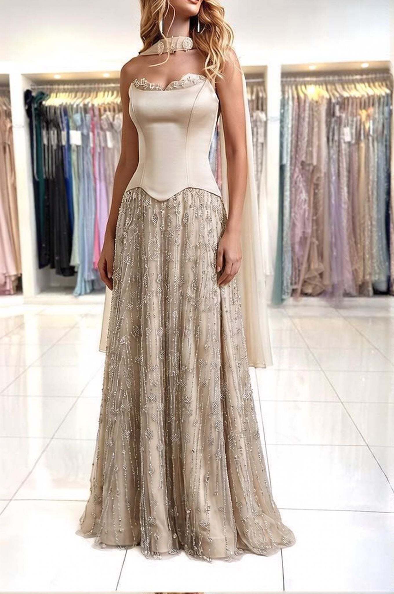 Strapless Satin Floor-Length A-Line Prom Dress with Beasings