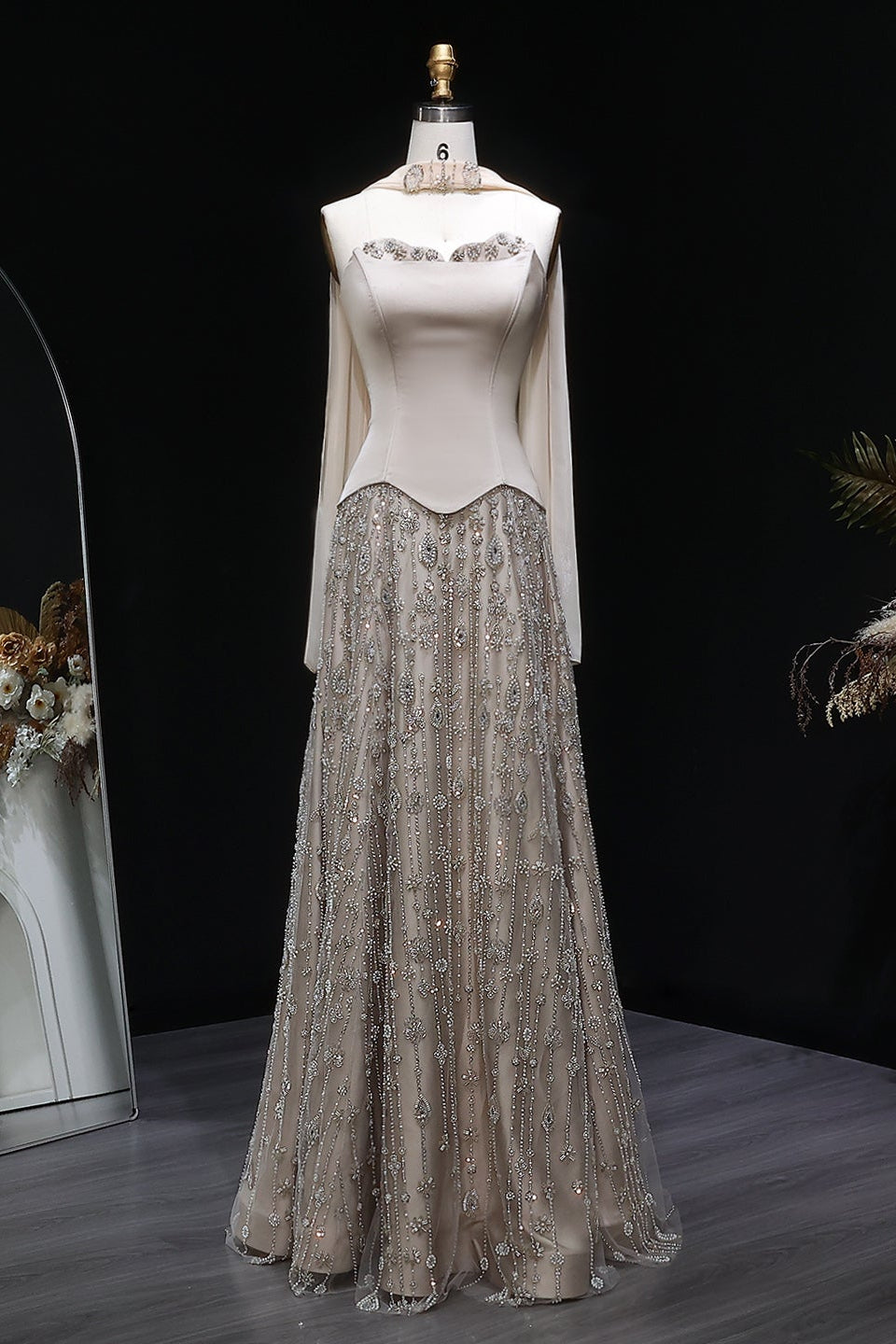 Strapless Satin Floor-Length A-Line Prom Dress with Beasings