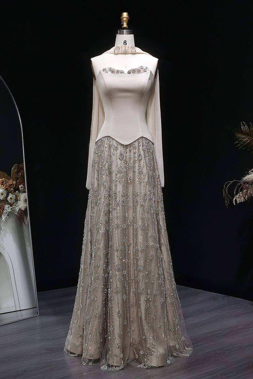 Strapless Satin Floor-Length A-Line Prom Dress with Beasings