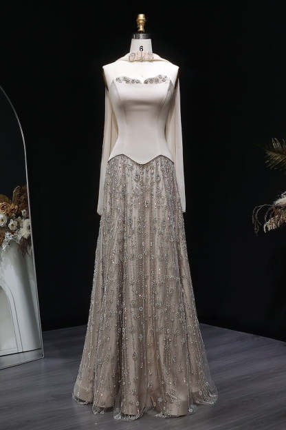 Strapless Satin Floor-Length A-Line Prom Dress with Beasings