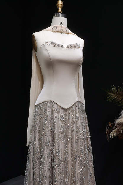 Strapless Satin Floor-Length A-Line Prom Dress with Beasings