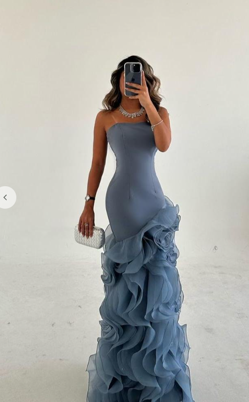Strapless Satin Tulle Ruffles Floor-Length Mermaid Evening Dress